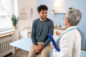 A doctor talking to a patient who is sitting a clinic bed and who is here for Annual Checkup