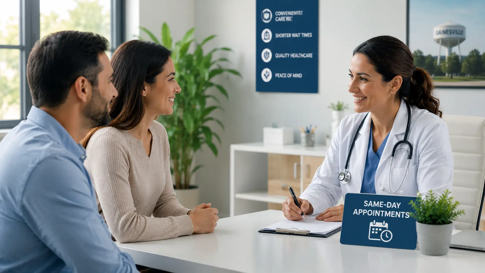 Patient consulting with a primary care doctor during a same-day appointment in a modern medical clinic, highlighting convenient access to healthcare, reduced wait times, and personalized medical care for families in Gainesville, Texas.