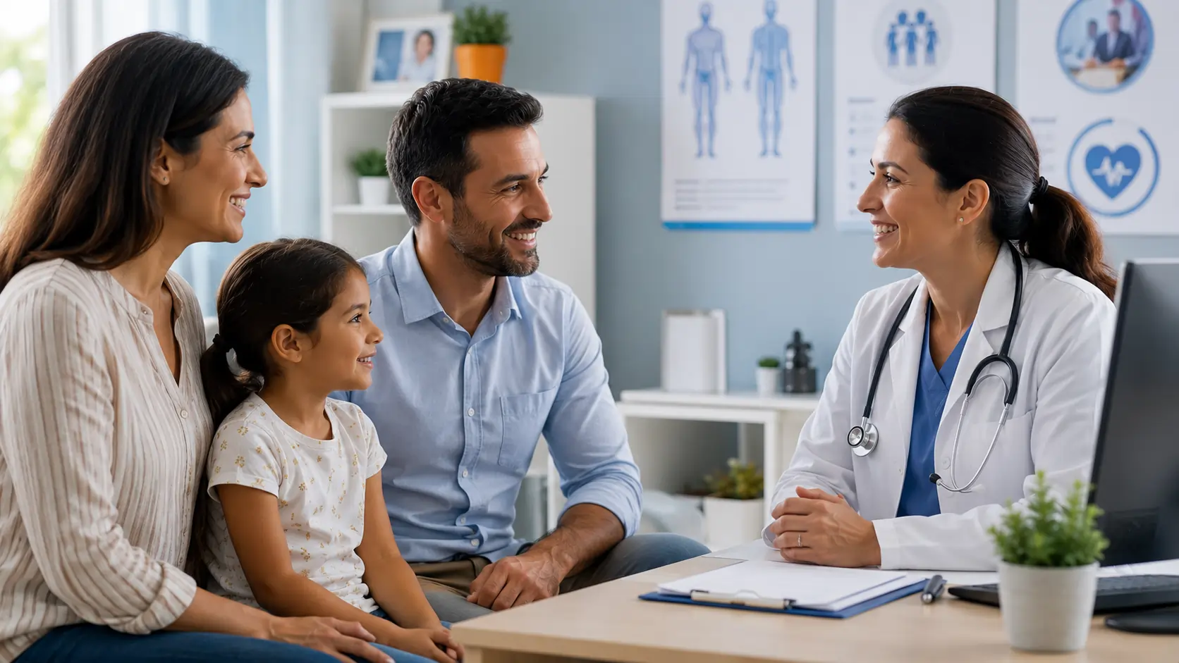 Friendly family meeting with a primary care doctor during a routine healthcare consultation, highlighting personalized medical care, preventive health services, and long-term family wellness in a professional clinic setting.