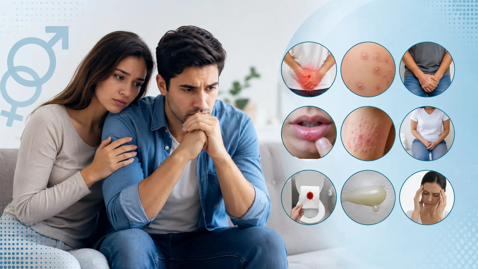 Concerned couple discussing sexual health with medical symptom illustrations showing common sexually transmitted disease symptoms, including rashes, sores, discomfort, discharge, and related health concerns.
