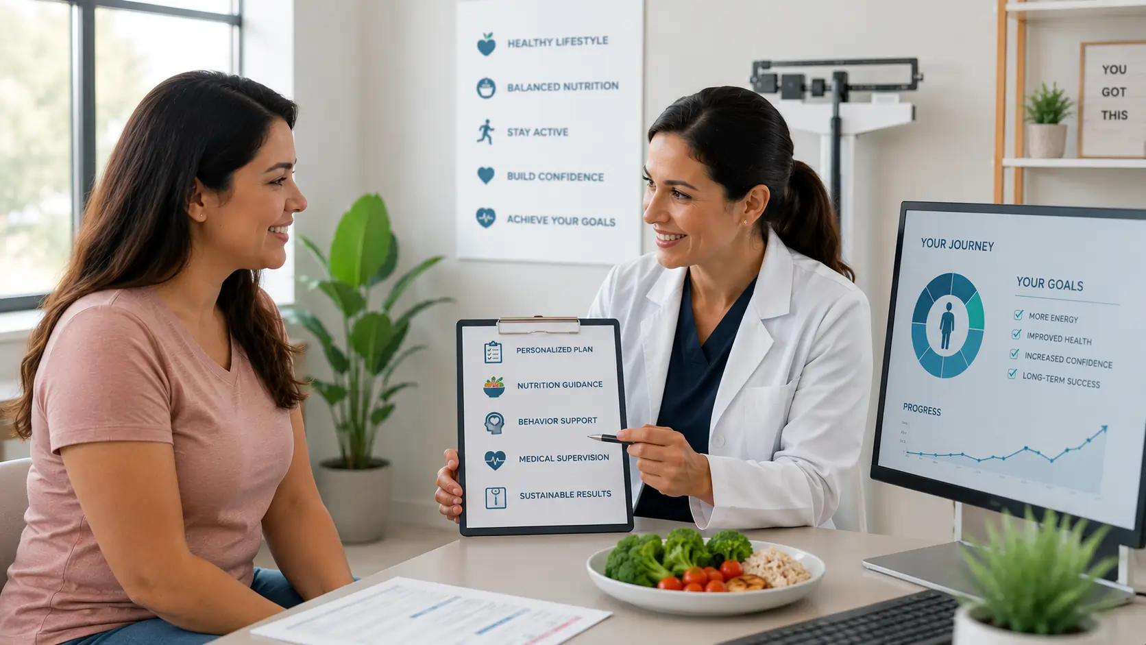 Healthcare provider discussing a personalized medical weight loss plan with a patient in a wellness clinic, featuring healthy food, progress tracking charts, and lifestyle coaching to support sustainable weight management and long-term health goals.