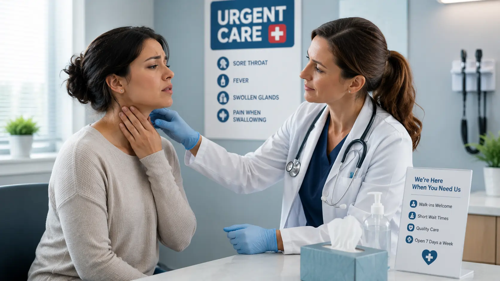 Patient experiencing a sore throat during an urgent care visit while a healthcare provider performs a throat examination in a modern medical clinic, highlighting prompt evaluation and treatment for throat pain and related symptoms.